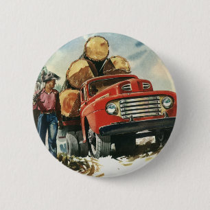 Badge Rond 5 Cm Entreprise Vintage, Camion de Bois avec Bûcherons
