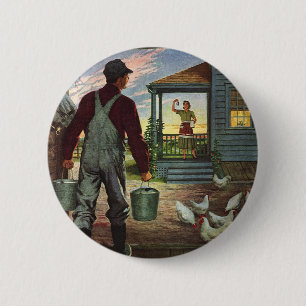 Badge Rond 5 Cm Entreprise vintage, ferme avec fermier et poulet