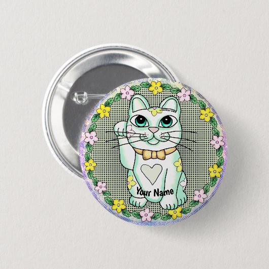 Badge Rond 5 Cm Épingle blanche Lucky Cat (Devant & derrière)