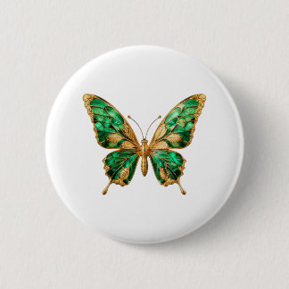 Badge Rond 5 Cm Épingle Papillon en Feuille d'Or Vert Émeraude