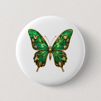 Badge Rond 5 Cm Épingle Papillon en Feuille d'Or Vert Émeraude