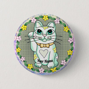 Badge Rond 5 Cm Épinglette de chat chanceux blanc