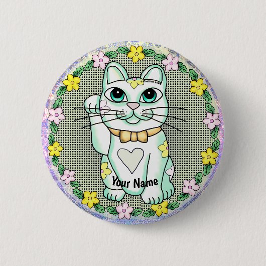 Badge Rond 5 Cm Épinglette de chat chanceux blanc (Devant)
