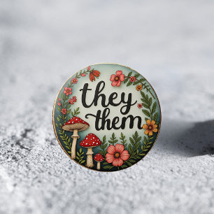 Badge Rond 5 Cm Épinglette de pronom Cottagecore They/Them LGBTQ+