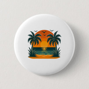 Badge Rond 5 Cm Été Tropical Vintage Rétro Coucher de Soleil Palmi