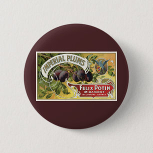Badge Rond 5 Cm Étiquette de caisse de fruits vintage, prunes impé