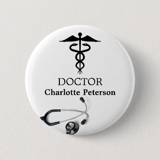 Badge Rond 5 Cm Étiquette de nom de médecin Caducée Stéthoscope (Devant)