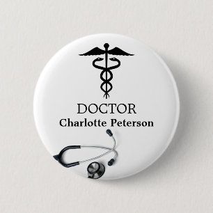 Badge Rond 5 Cm Étiquette de nom de médecin Caducée Stéthoscope