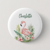 Badge Rond 5 Cm Étiquette nominative flamant rose fleurs tropicale (Devant)