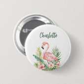 Badge Rond 5 Cm Étiquette nominative flamant rose fleurs tropicale (Devant & derrière)