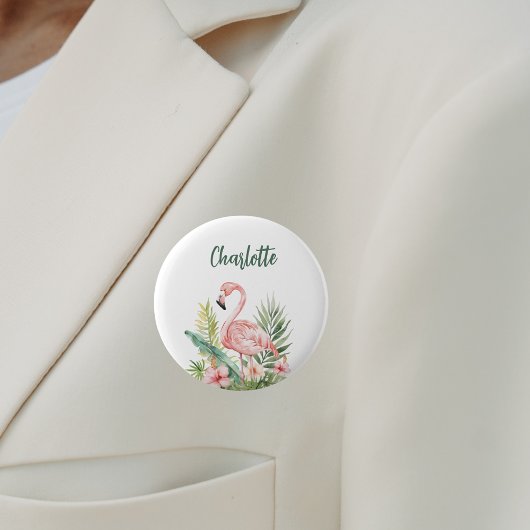 Badge Rond 5 Cm Étiquette nominative flamant rose fleurs tropicale