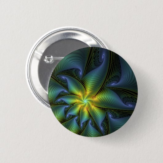 Badge Rond 5 Cm Etoile Abstraite, Bleu brillant Vert Or Fractal Ar (Devant & derrière)