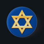 Badge Rond 5 Cm Étoile de David d'or sur le bouton bleu d'arrière<br><div class="desc">Bouton fait sur commande comportant (effet imprimé fait de gradients) une étoile de David d'or sur un arrière - plan bleu.</div>