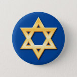 Badge Rond 5 Cm Étoile de David d'or sur le bouton bleu d'arrière<br><div class="desc">Bouton fait sur commande comportant (effet imprimé fait de gradients) une étoile de David d'or sur un arrière - plan bleu.</div>