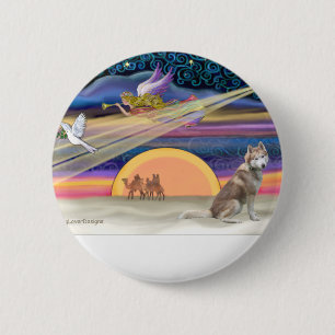 Badge Rond 5 Cm Étoile de Noël - Husky sibérien (rouge 2)