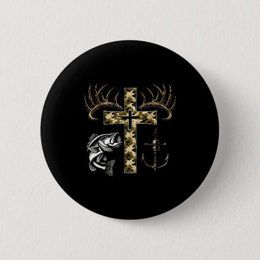 Badge Rond 5 Cm Faith Fishing Hunting Camo Cross With Hook B Chris (Devant)