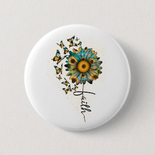 Badge Rond 5 Cm Faith Sunflowers Butterflies Christian Religious  