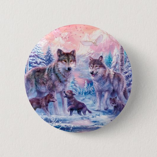 Badge Rond 5 Cm Famille De Loups Peignant (Devant)