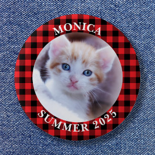Badge Rond 5 Cm Famille Photo Red Black Buffalo Plaid Bordure