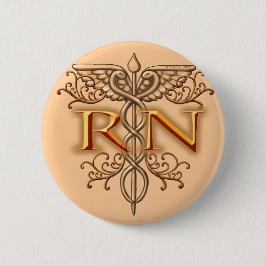 Badge Rond 5 Cm Fancy Copper Caduceus RN Nurse custom namepin (Devant)