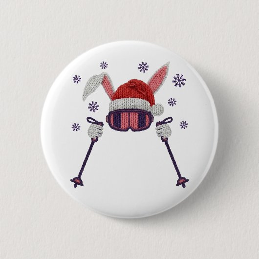 Badge Rond 5 Cm Faux yarn skiing rabbit with Santa hat winter humo (Devant)