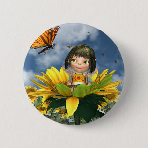 Badge Rond 5 Cm Fée de tournesol de bébé avec Arrière - plan d