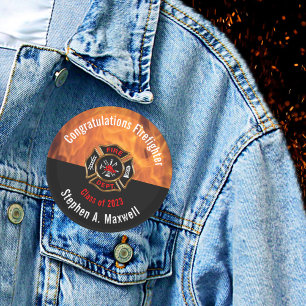 Badge Rond 5 Cm Félicitations Classe Flames Firefighter  Nom