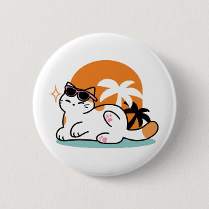 Badge Rond 5 Cm Feline fin au soleil - Chat Tropical relaxé