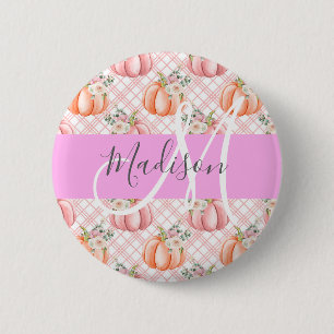 Badge Rond 5 Cm Féminin Chic Fleur Rose Pêche Citrouille Monogramm