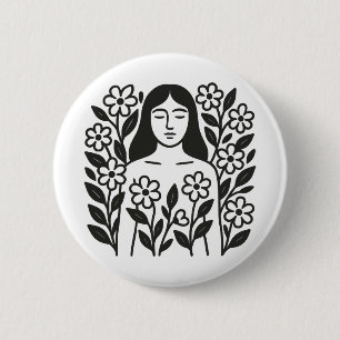 Badge Rond 5 Cm Femme Et Fleurs