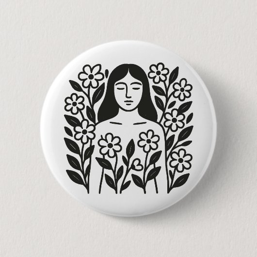 Badge Rond 5 Cm Femme Et Fleurs (Devant)