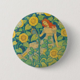 Badge Rond 5 Cm Femme-fille de fleurs dans le jardin de tournesol