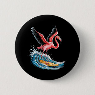 Badge Rond 5 Cm Femme Flamant Rose Drôle Surfant Vague Été Plage