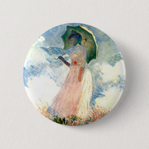 Badge Rond 5 Cm Femme Monet avec un parasol face à gauche