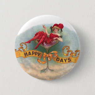 Badge Rond 5 Cm Femme victorienne Champagne Rouge Happy