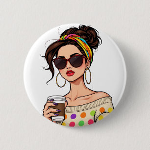 Badge Rond 5 Cm Femmes dans LGBTQ Rainbow Bandana avec café