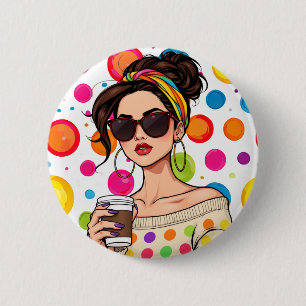Badge Rond 5 Cm Femmes dans LGBTQ Rainbow Bandana avec café