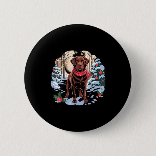 Badge Rond 5 Cm Festive Chocolate Lab In Snowy Forest Winter Xmas (Devant)