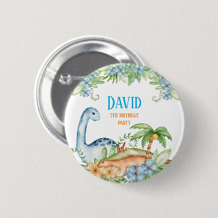 Badge Rond 5 Cm Fête d'anniversaire Dinosaur à fleurs bleues et ve