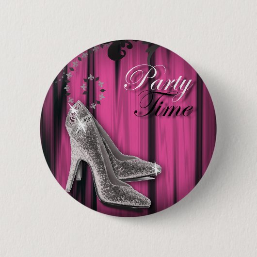 Badge Rond 5 Cm fête d'anniversaire girly Hot Pink en argent stile (Devant)