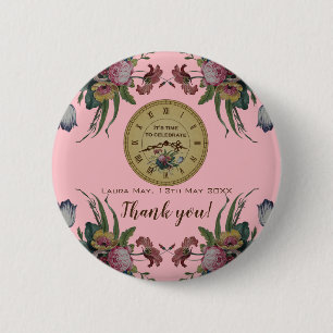 Badge Rond 5 Cm Fête d'anniversaire Horloge vintage avec fleurs