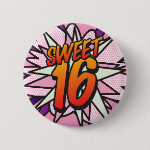 Badge Rond 5 Cm Fête des 16 ans Fun Retro Bande Dessinée