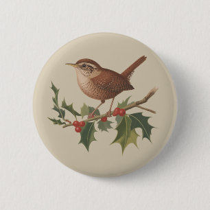 Badge Rond 5 Cm Fête oiseau Troglodyte sur branche de houx Noël Na