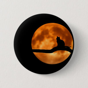 Badge Rond 5 Cm Feu de lune Silhouette de chat. Bouton Personnalis