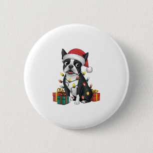Badge Rond 5 Cm Feu de Noël Santa Hat Boston Terrier Chien Noël