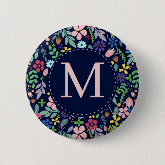 Badge Rond 5 Cm Feuillage Moderne Monogramme Floral (Devant)