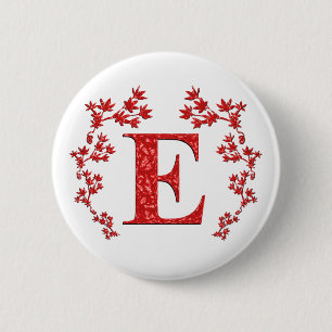 Badge Rond 5 Cm Feuille de rouge de la lettre E de monogramme