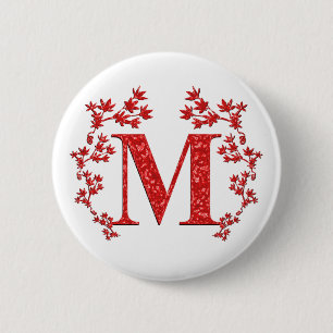 Badge Rond 5 Cm Feuille de rouge de la lettre M de monogramme