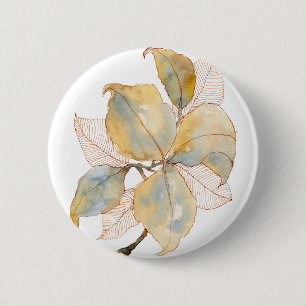 Badge Rond 5 Cm Feuilles botaniques aquarelles bleu or mat