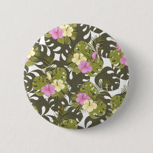 Badge Rond 5 Cm Feuilles de jungle tropicale et motif d'hibiscus